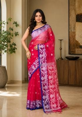 Rani Pink Woven Design Silk Saree Set