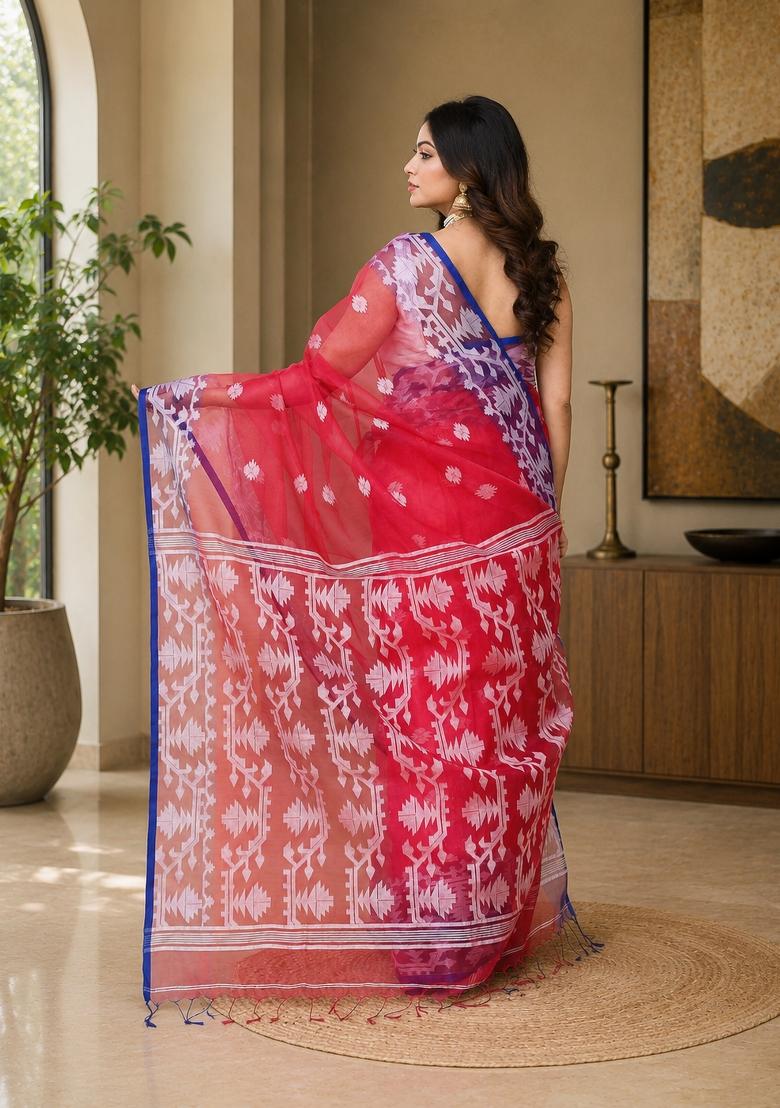 Rani Pink Woven Design Silk Saree Set - Indya