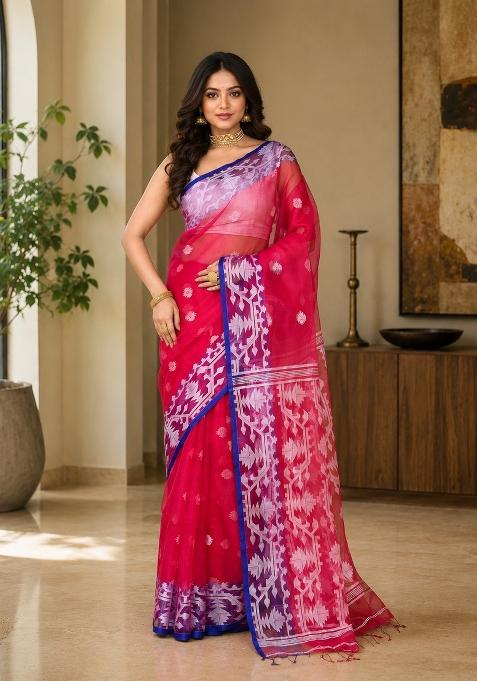 Rani Pink Woven Design Silk Saree Set