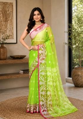 Lime Woven Design Silk Saree Set