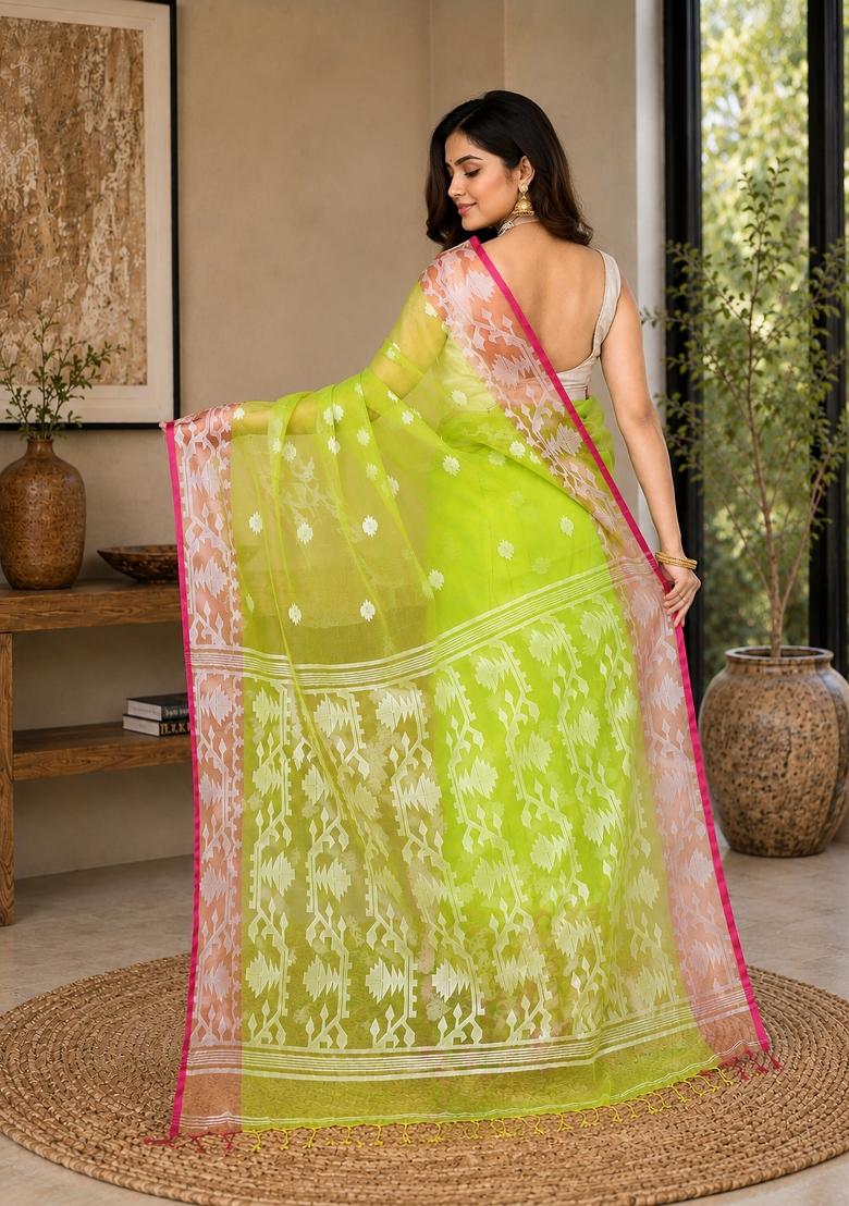 Lime Woven Design Silk Saree Set - Indya