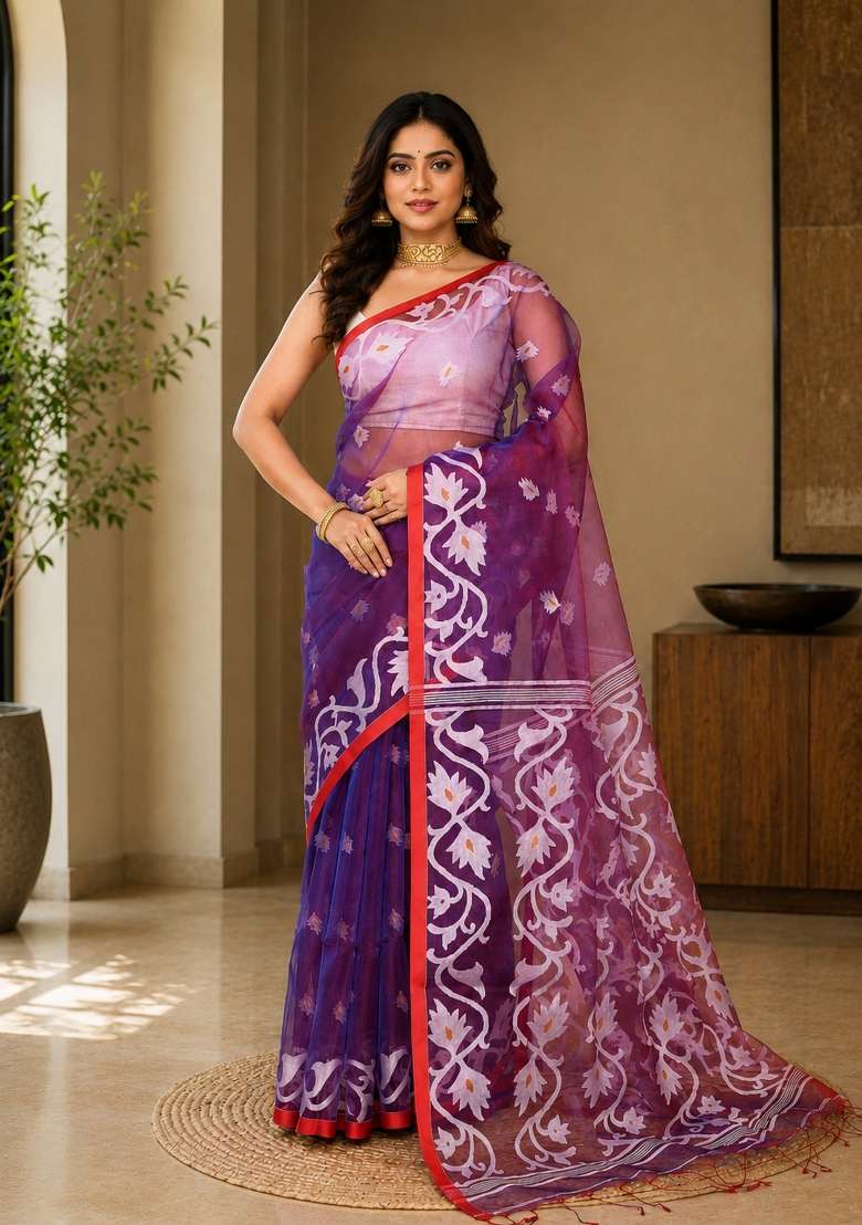 Purple Woven Design Silk Saree Set for Diwali and Festive Wear - Indya