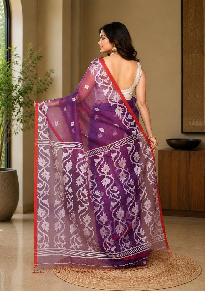 Purple Woven Design Silk Saree Set - Indya