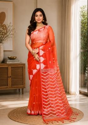 Orange Woven Design Silk Saree Set