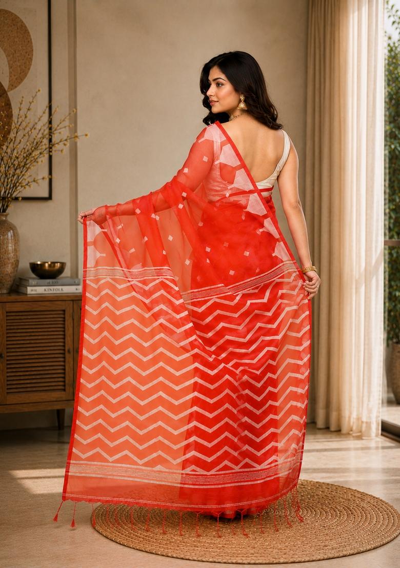 Orange Woven Design Silk Saree Set - Indya