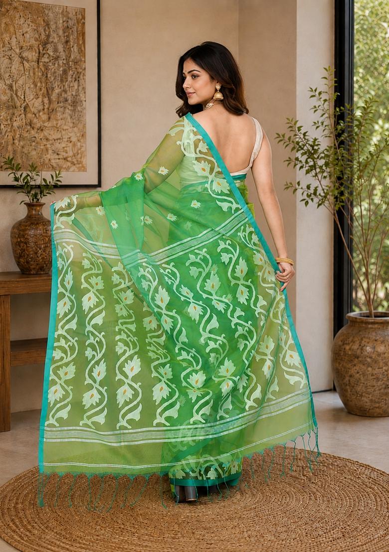 Green Woven Design Silk Saree Set - Indya