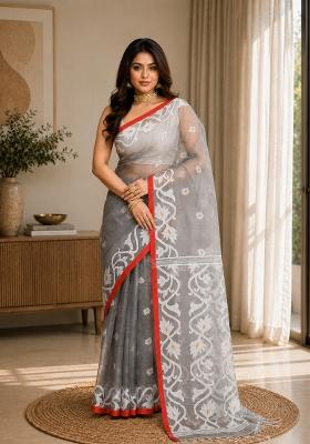 Grey Woven Design Silk Saree Set