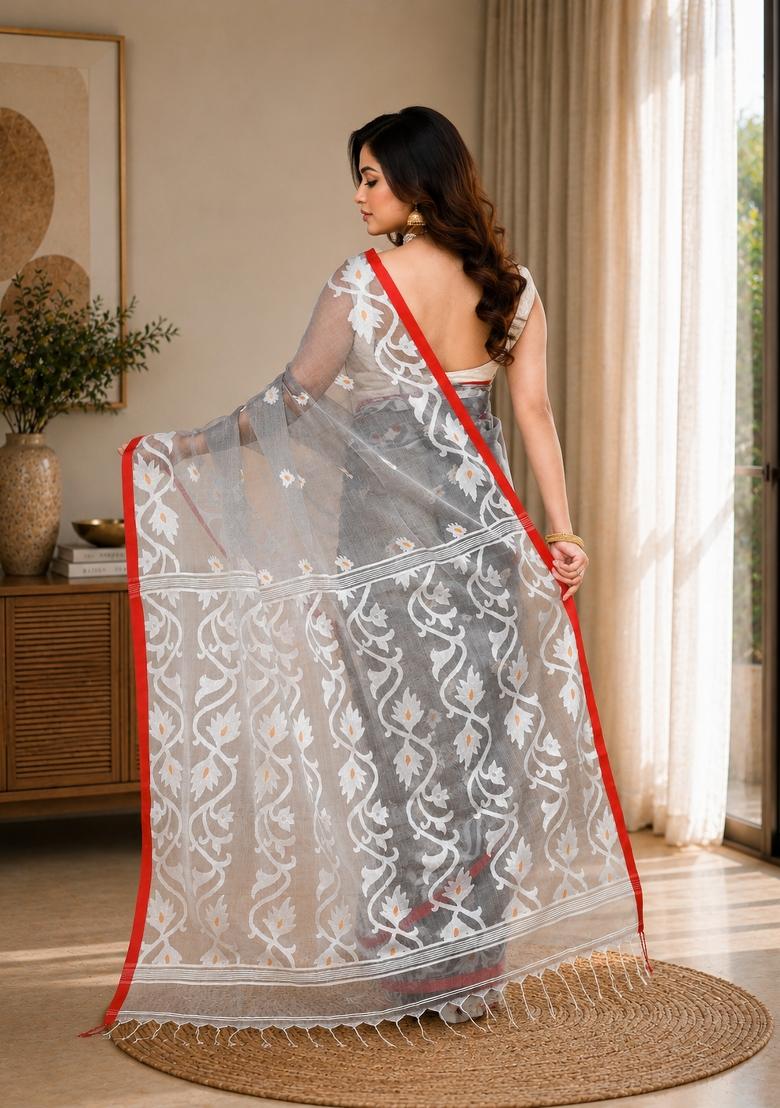 Grey Woven Design Silk Saree Set - Indya