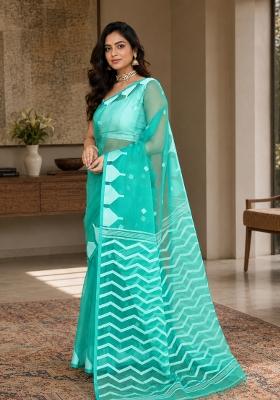 Turquoise Woven Design Silk Saree Set