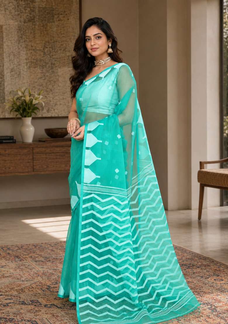 Turquoise Woven Design Silk Saree Set for Diwali and Festive Wear - Indya