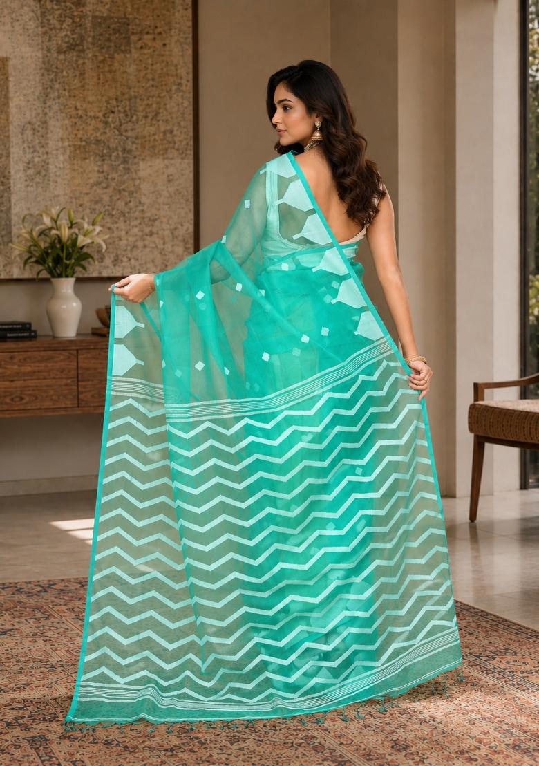 Turquoise Woven Design Silk Saree Set - Indya