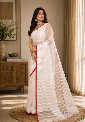 White Woven Design Silk Saree Set
