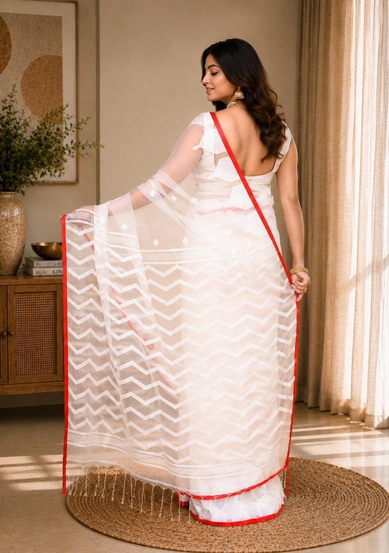 White Woven Design Silk Saree Set - Indya