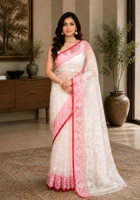 White Woven Design Silk Saree Set