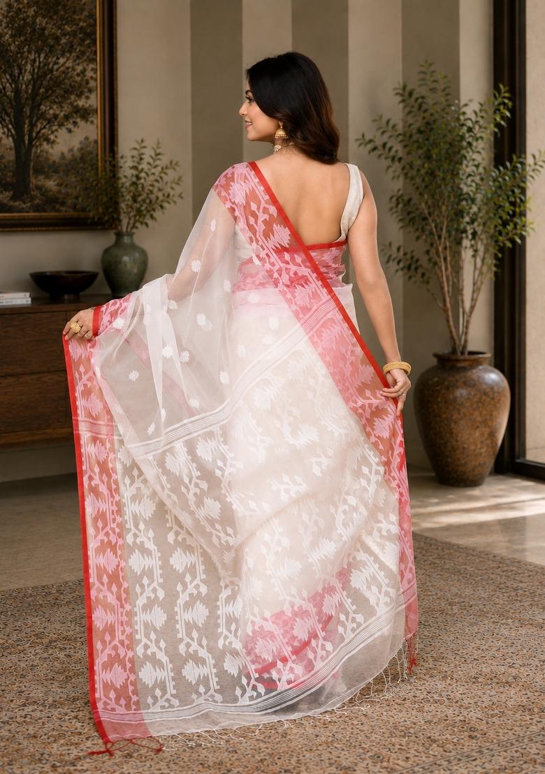 White Woven Design Silk Saree Set - Indya