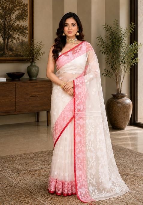 White Woven Design Silk Saree Set