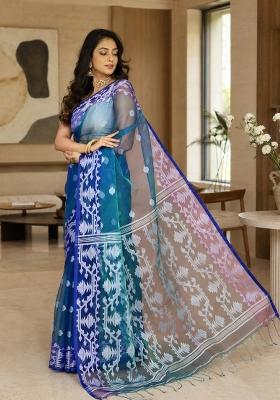 Blue Woven Design Silk Saree Set