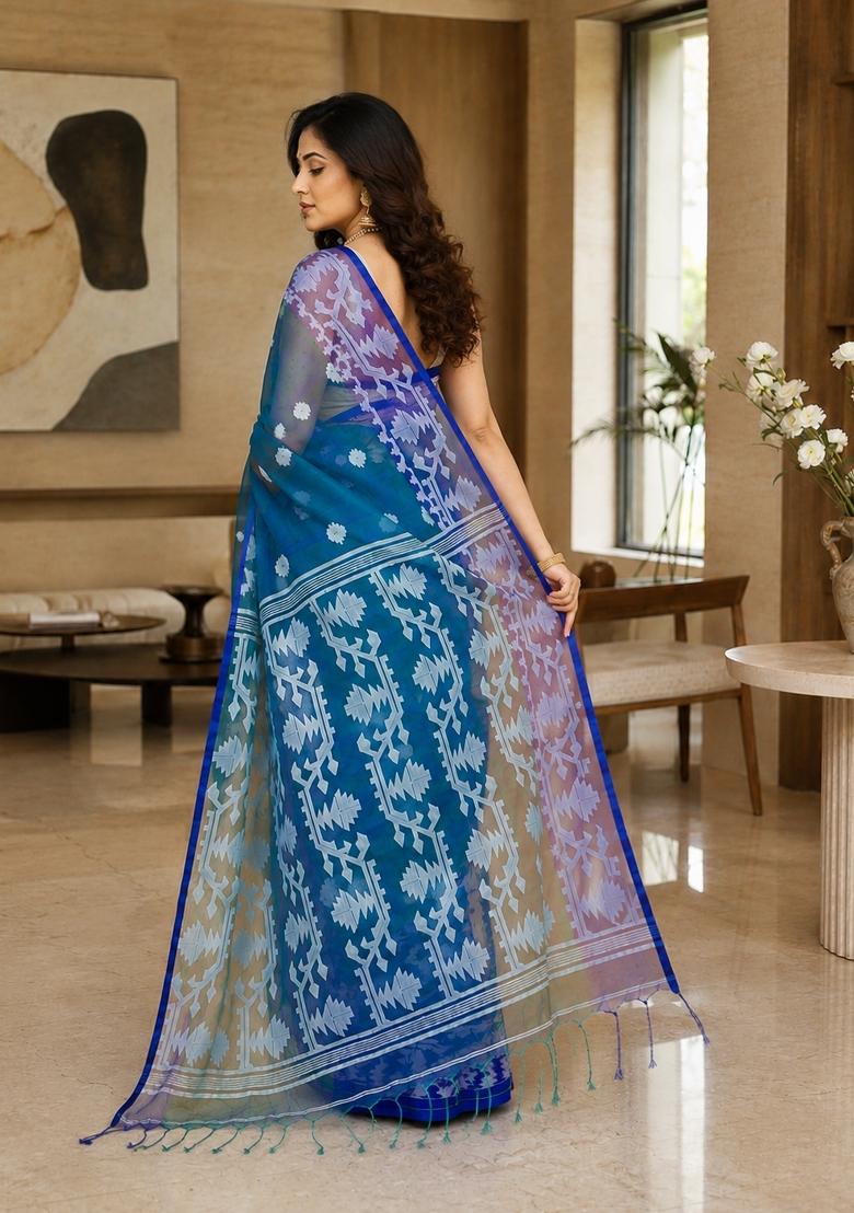 Blue Woven Design Silk Saree Set - Indya