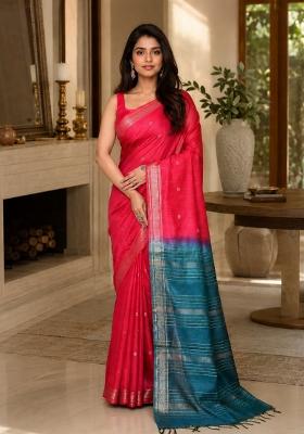 Rani Pink Woven Design Silk Saree Set