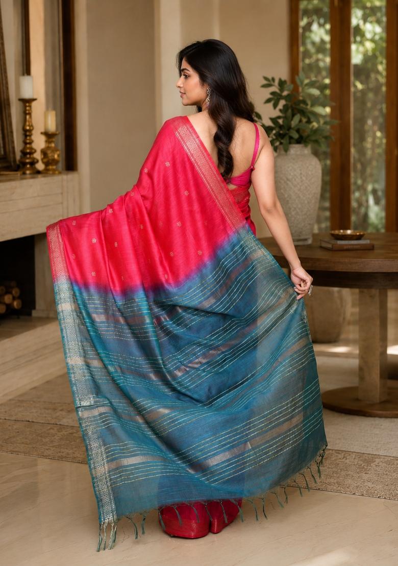 Rani Pink Woven Design Silk Saree Set - Indya