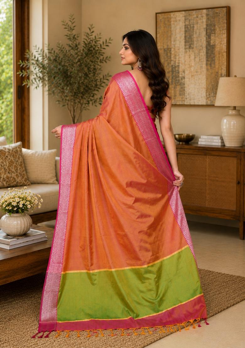 Pastel Pink Yellow Woven Design Silk Saree Set - Indya