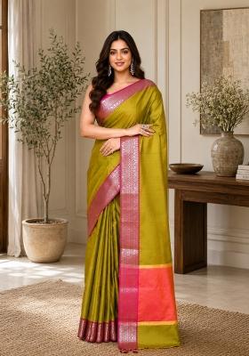 Olive Woven Design Silk Saree Set