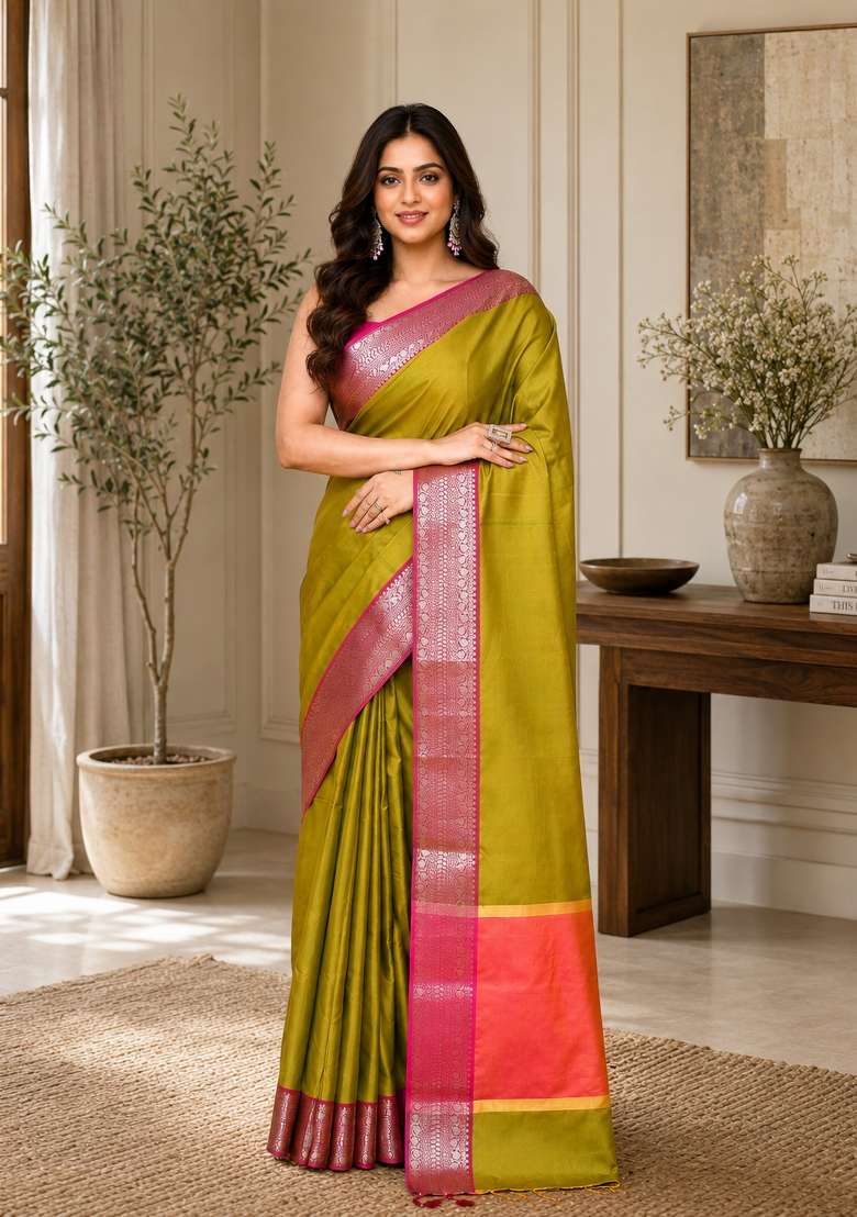 Olive Woven Design Silk Saree Set for Diwali | Wedding & Festive Wear - Indya