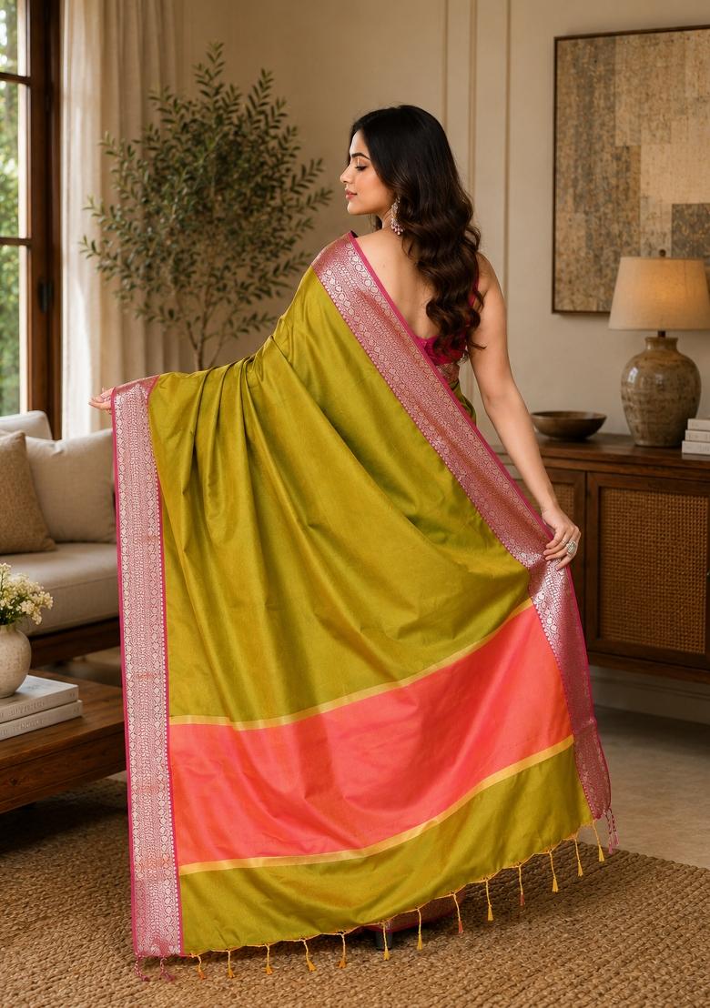 Olive Woven Design Silk Saree Set - Indya