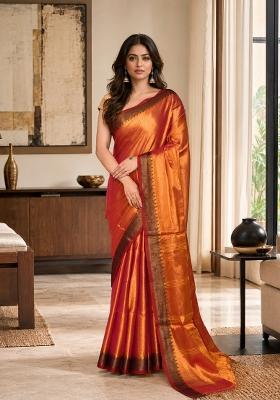 Pink And Yellow Woven Design Tissue Saree Set
