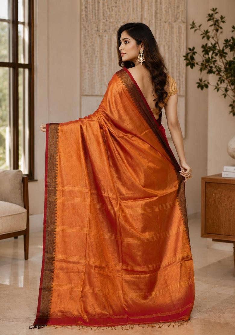 Pink And Yellow Woven Design Tissue Saree Set - Indya