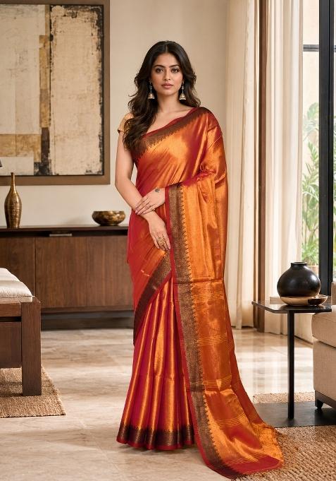 Pink And Yellow Woven Design Tissue Saree Set