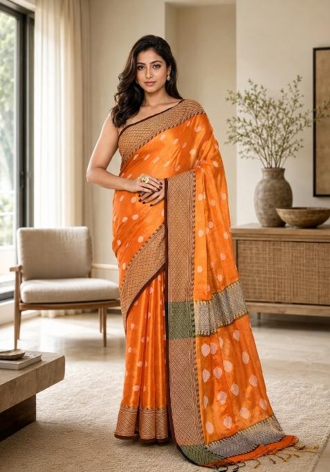 Orange Woven Design Tissue Saree Set