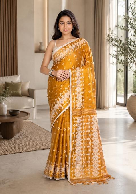 Golden Woven Design Tissue Saree Set