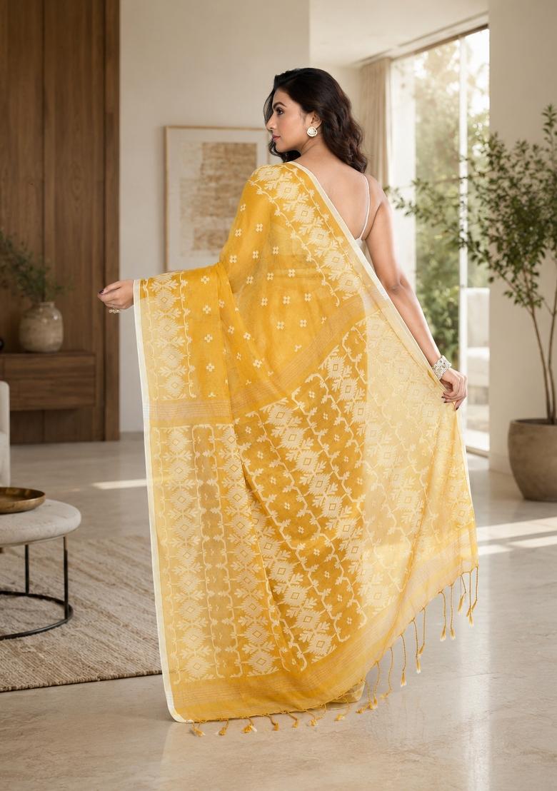 Yellow Woven Design Tissue Saree Set - Indya