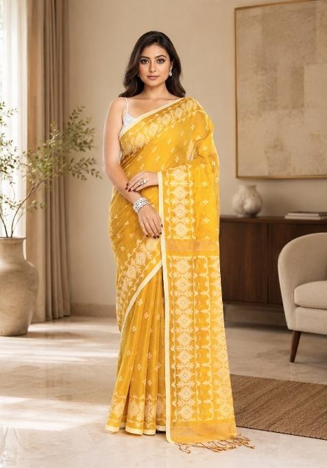 Yellow Woven Design Tissue Saree Set