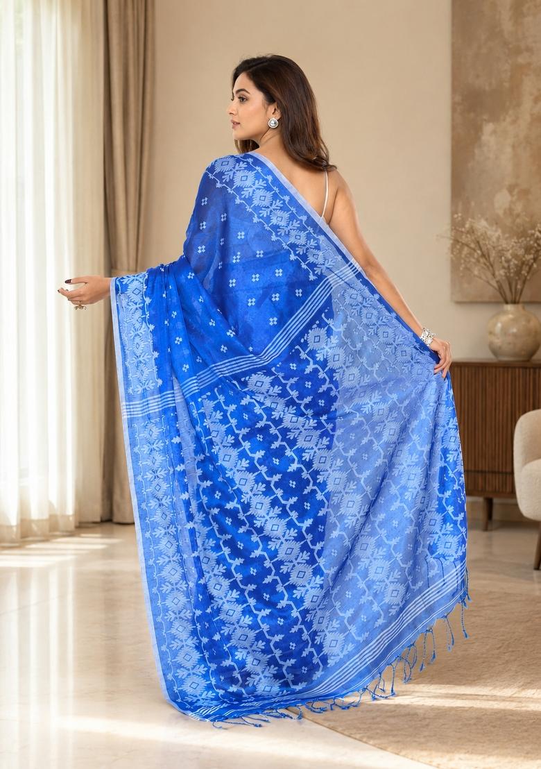 Blue Woven Design Tissue Saree Set - Indya