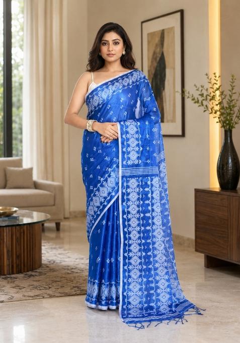 Blue Woven Design Tissue Saree Set