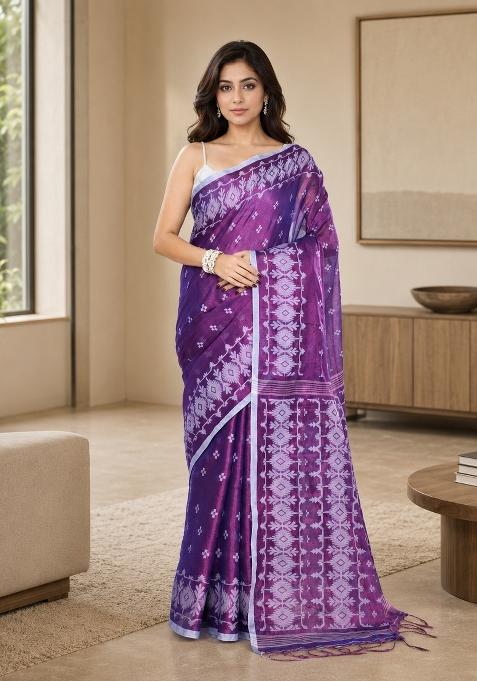 Purple Woven Design Tissue Saree Set