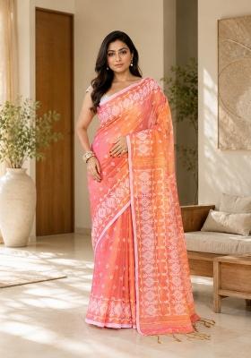 Deep Peach Woven Design Tissue Saree Set
