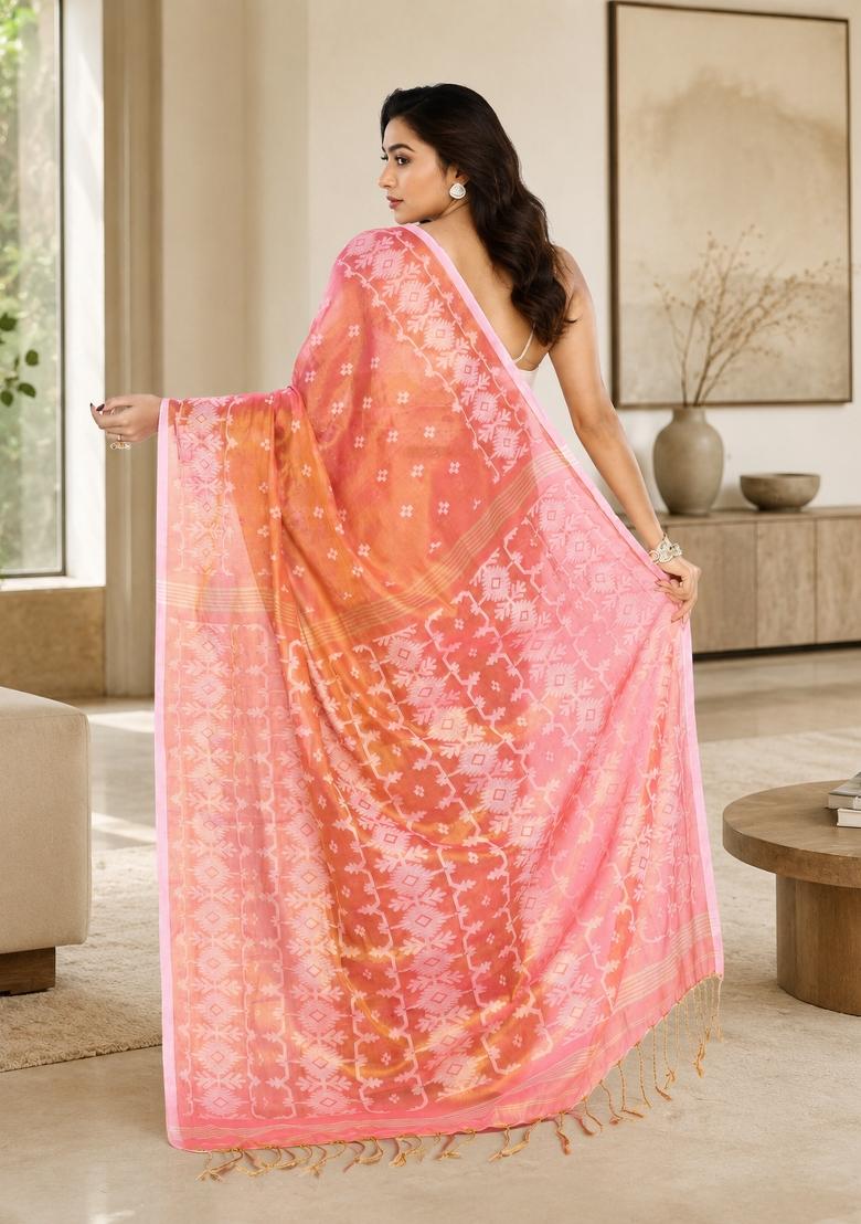 Deep Peach Woven Design Tissue Saree Set - Indya