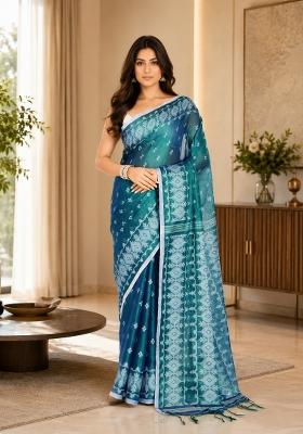 Blue Green Woven Design Tissue Saree Set