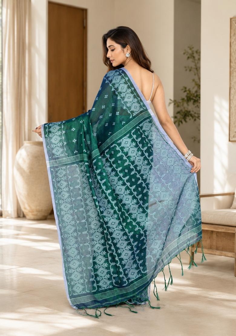 Blue Green Woven Design Tissue Saree Set - Indya