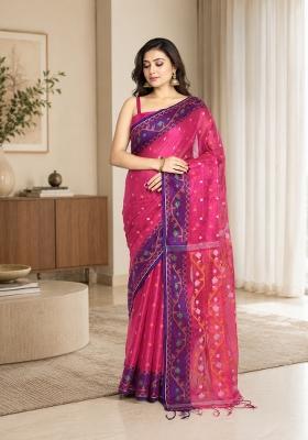 Pink Woven Design Tissue Saree Set