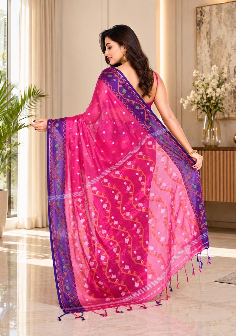 Pink Woven Design Tissue Saree Set - Indya