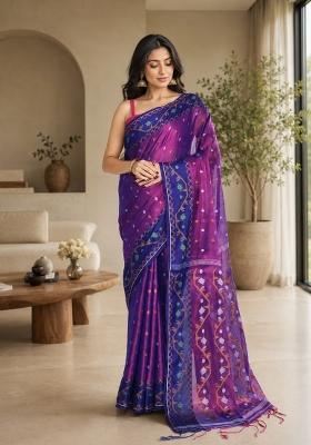 Pink And Blue Woven Design Tissue Saree Set