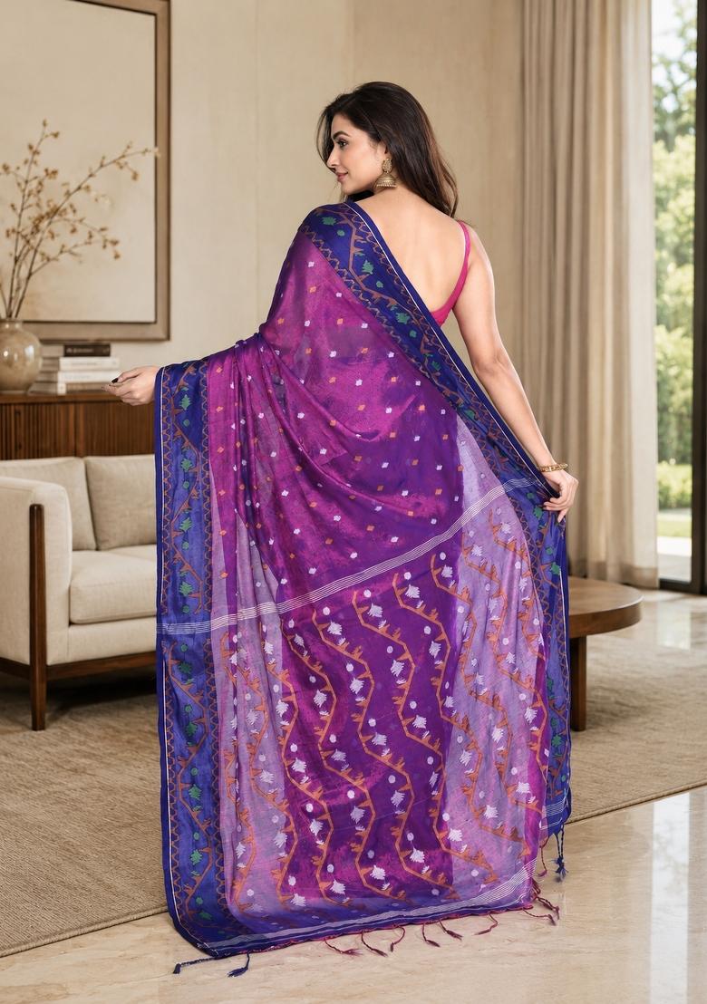 Pink And Blue Woven Design Tissue Saree Set - Indya