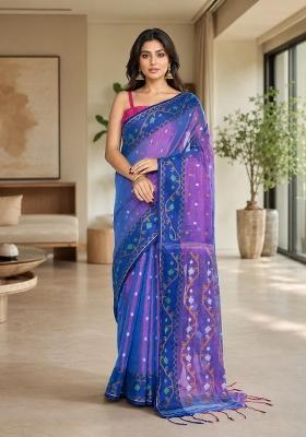 Pink And Blue Woven Design Tissue Saree Set