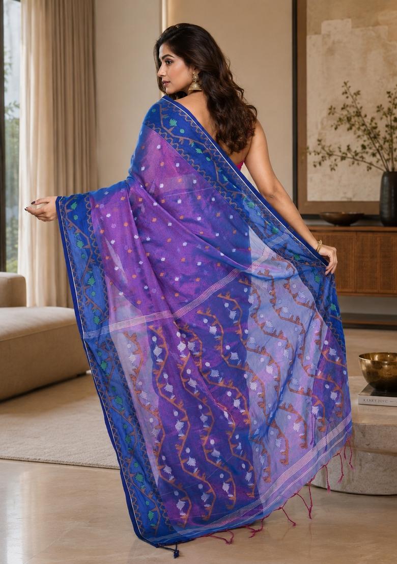 Pink And Blue Woven Design Tissue Saree Set - Indya