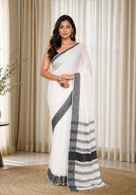 White Woven Design Cotton Saree Set