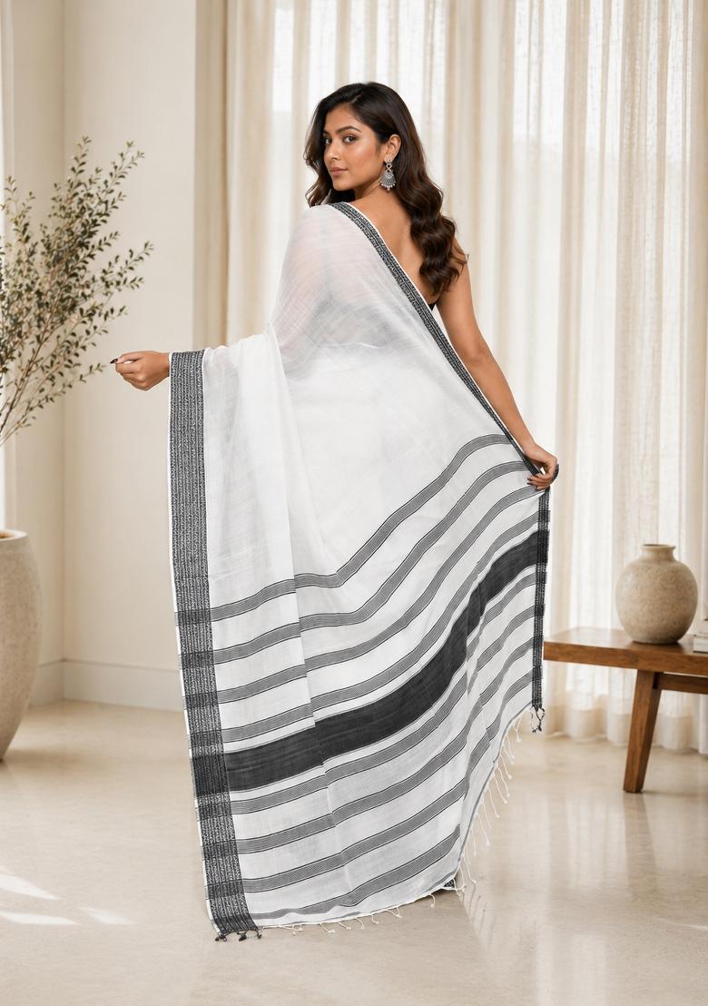 White Woven Design Cotton Saree Set - Indya
